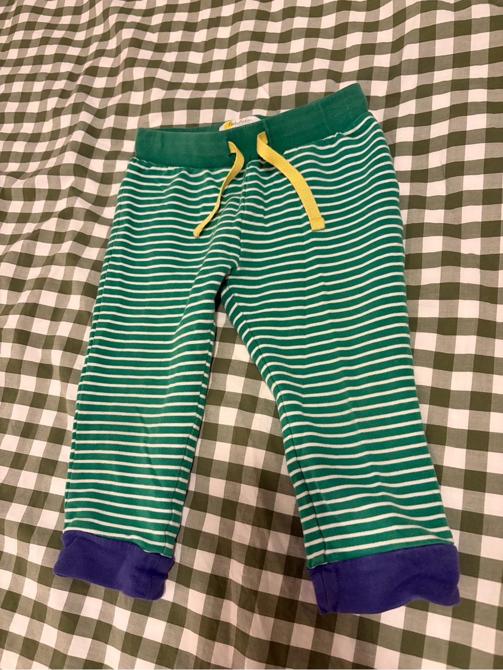 Baby Boden Green and White Striped leggings with Yellow Drawstring